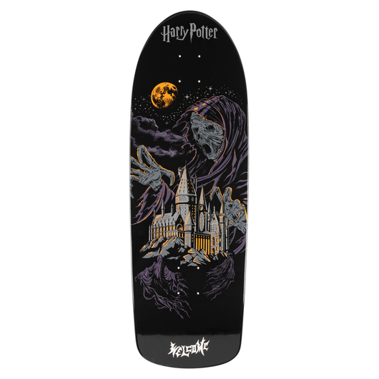 Skateboard deck with Harry Potter design featuring Hogwarts castle and moonlit sky.