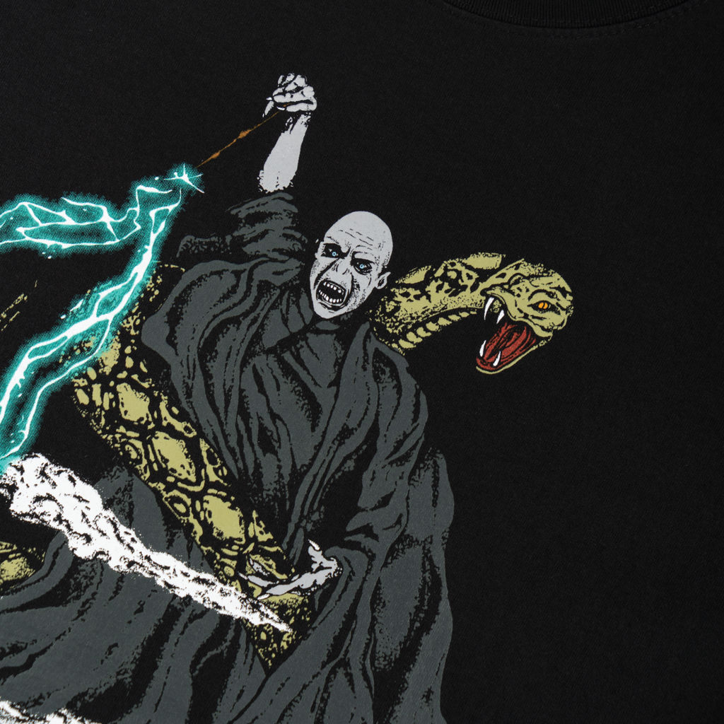 Illustration of a character with a snake and lightning on a black background
