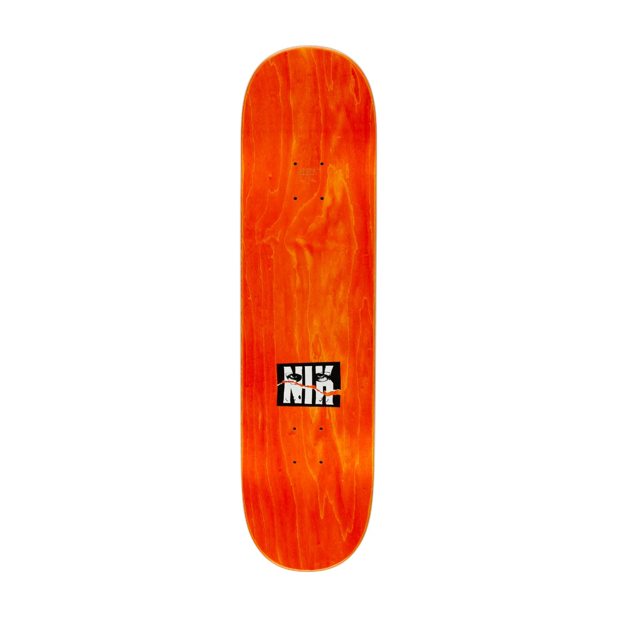 An orange maple skateboard deck with a black and white graphic logo in the center, shown vertically against a plain white background.
