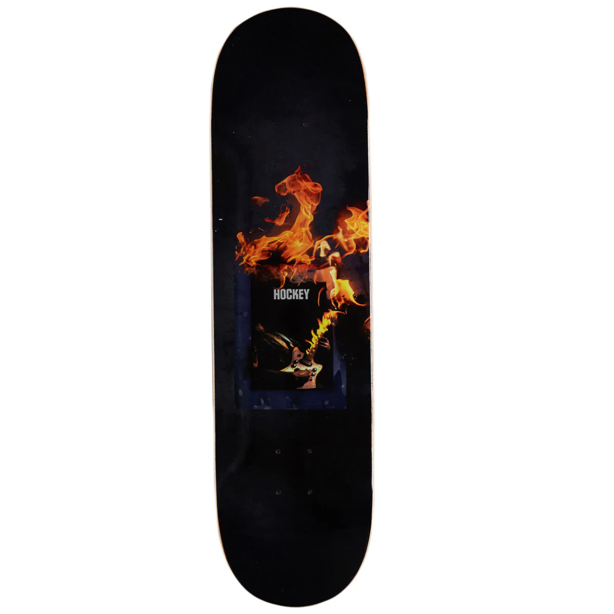 Black skateboard deck with fiery graphic design on a white background