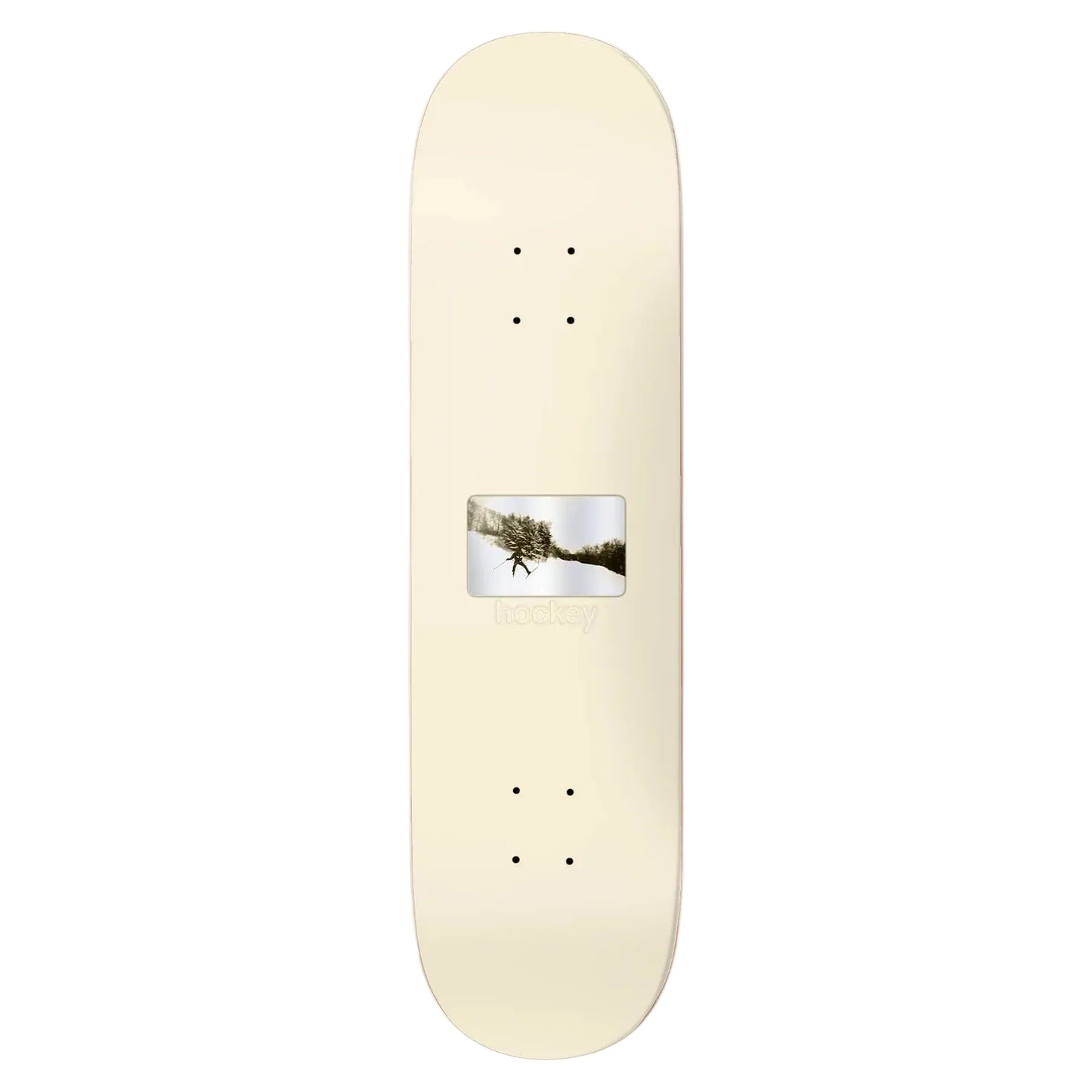 Skateboard deck with a printed design on a white background