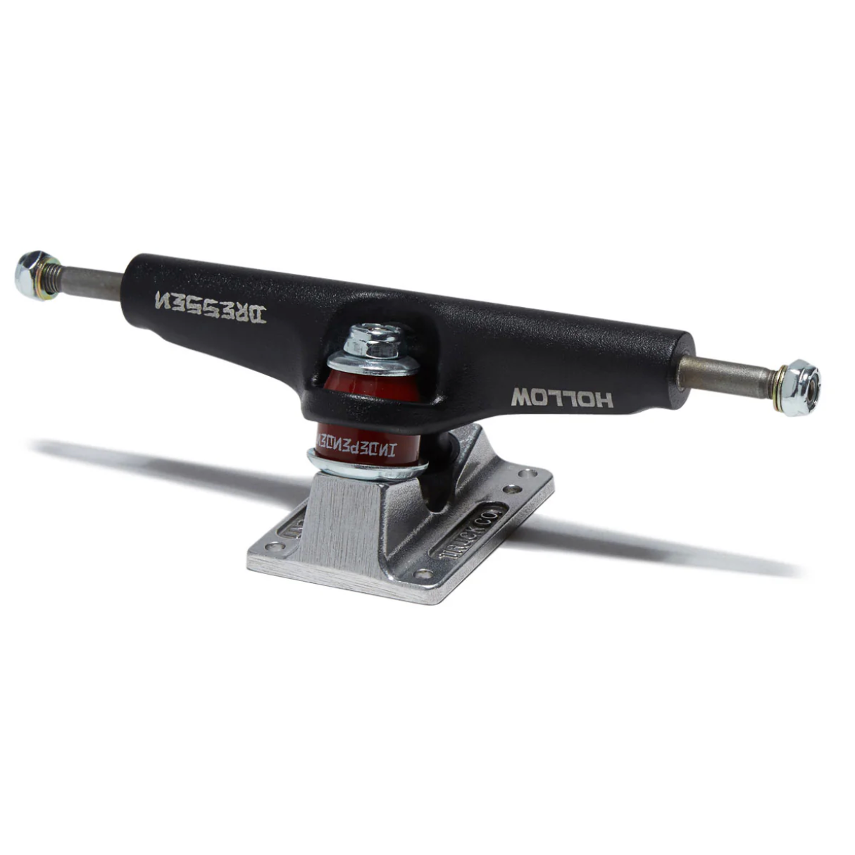 Black skateboard truck with red bearings on a white background