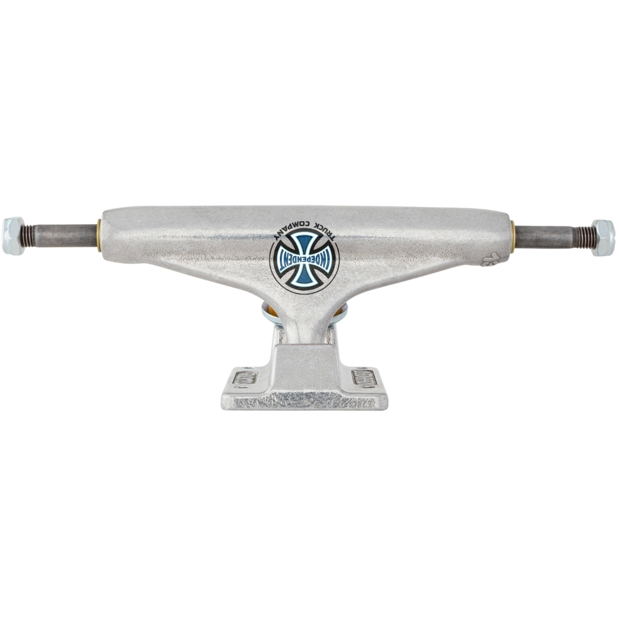 A silver metal skateboard truck with a blue and white Interstate logo in the center, set against a plain white background.