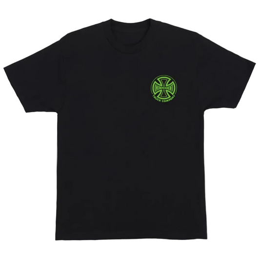 Black t-shirt with a green logo on a white background