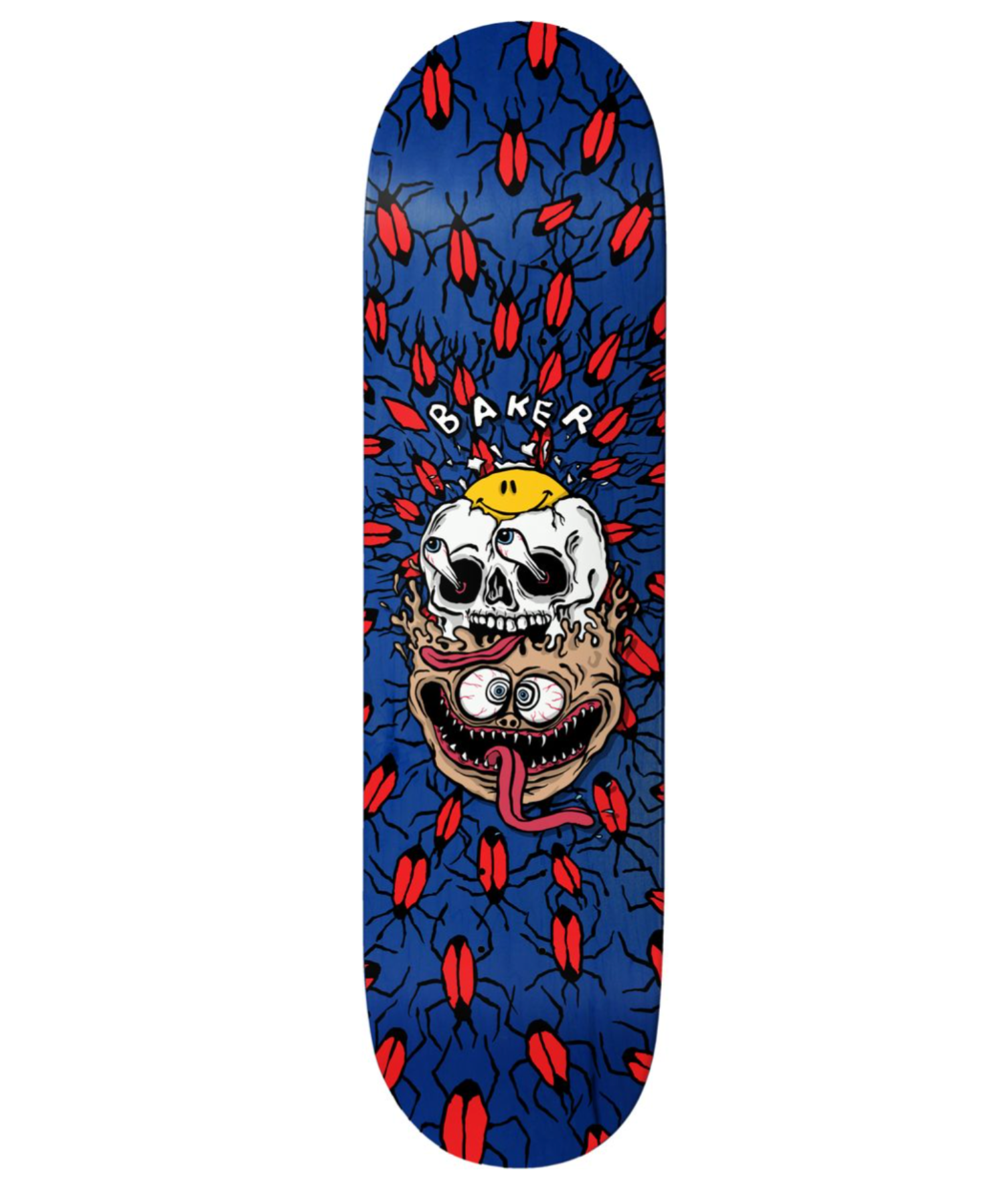 Skateboard deck with a colorful design featuring a skull and red beetles on a blue background.