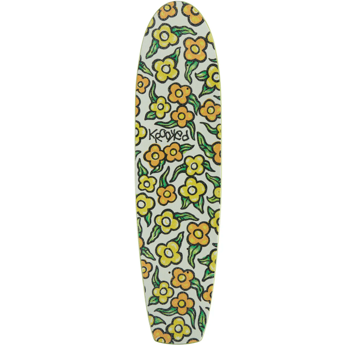 Skateboard deck with floral pattern and 'Krooked' branding on a white background