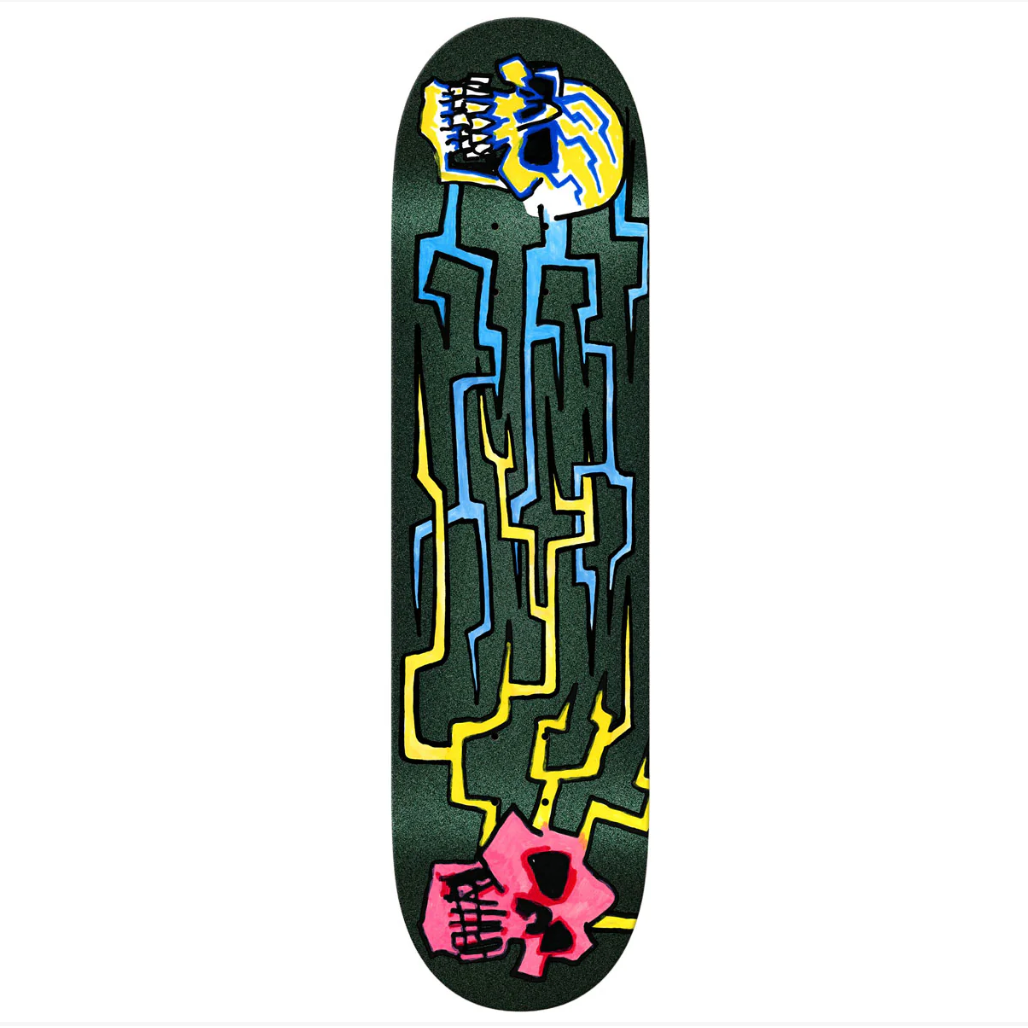 Skateboard deck with colorful abstract design on a white background