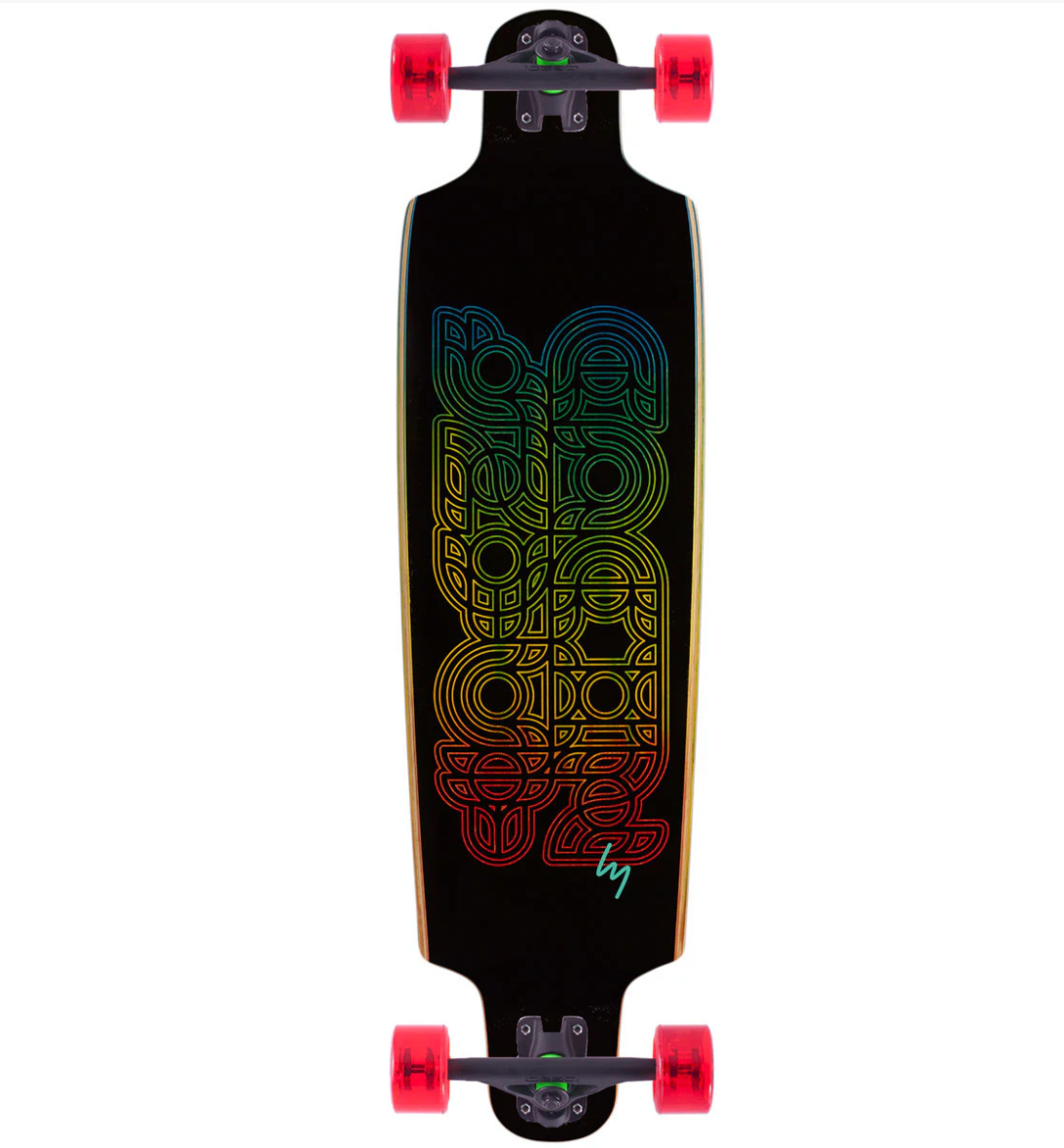Black skateboard with colorful geometric design on a white background
