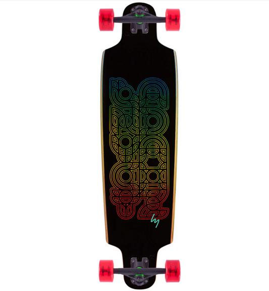 Black skateboard with colorful geometric design on a white background