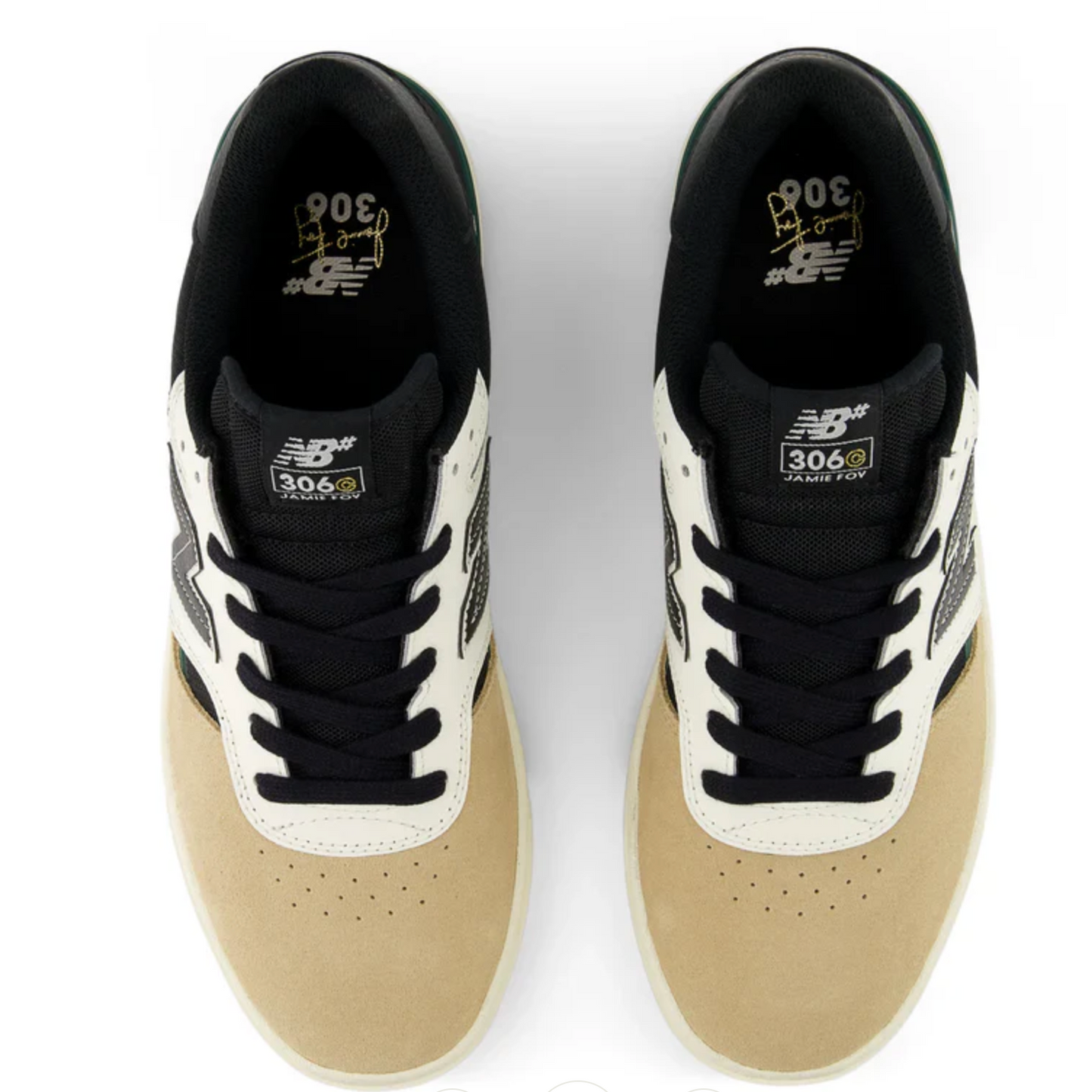 Pair of black and beige sneakers on a white background