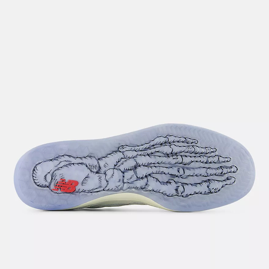 Sole of a shoe with a detailed design of a skeleton foot on a white background