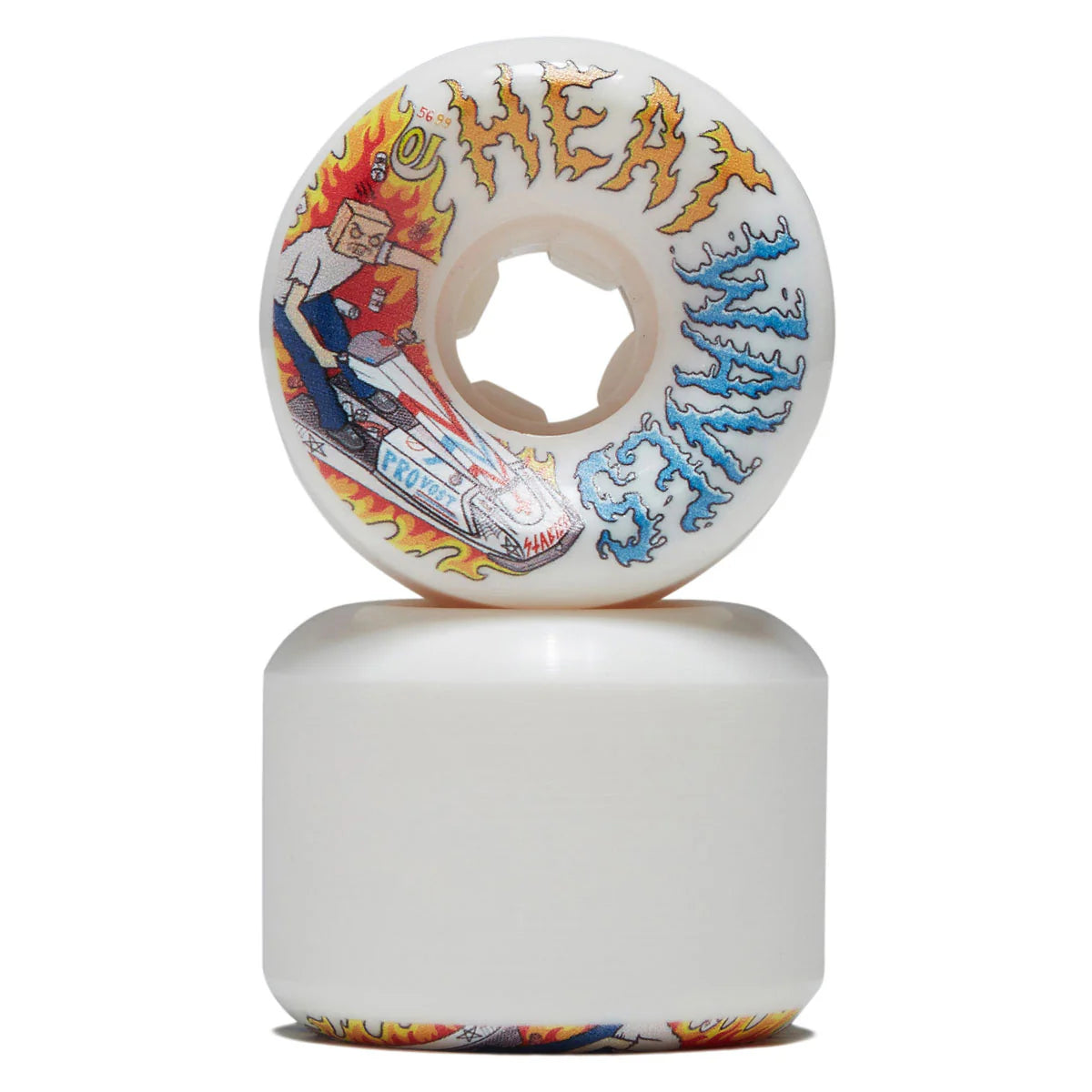Skateboard wheel with colorful graphics and text on a white background