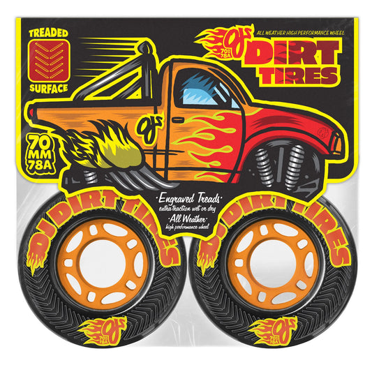 Package of 'Off the Dirt Tires' with a monster truck design on a white background