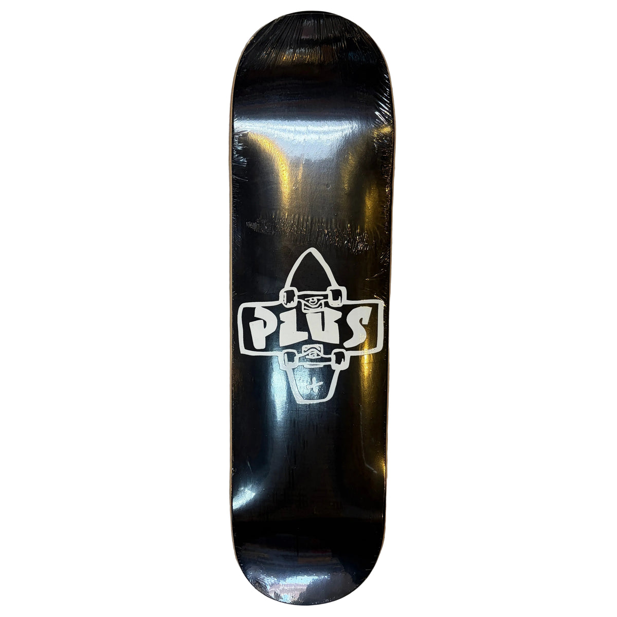Black skateboard with white PLUS logo on white background