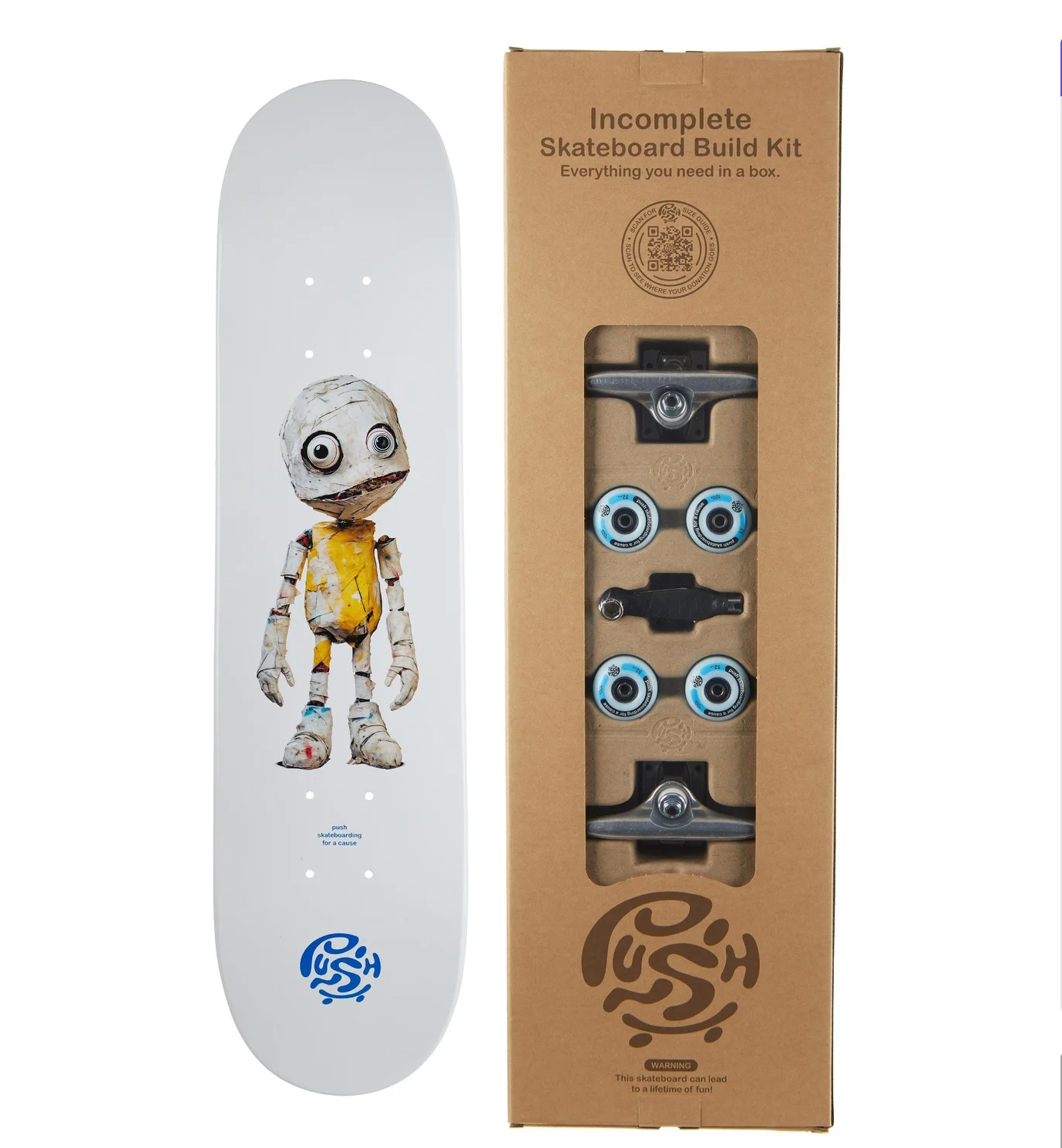 Skateboard deck with robot design and packaging box containing skateboard parts on a white background
