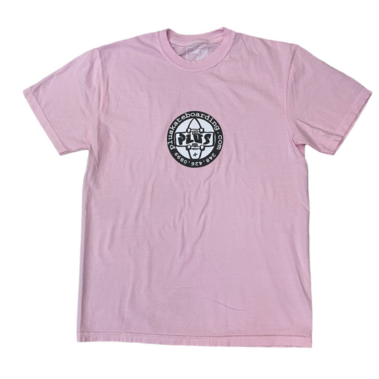 Pink t-shirt with a black logo on a white background