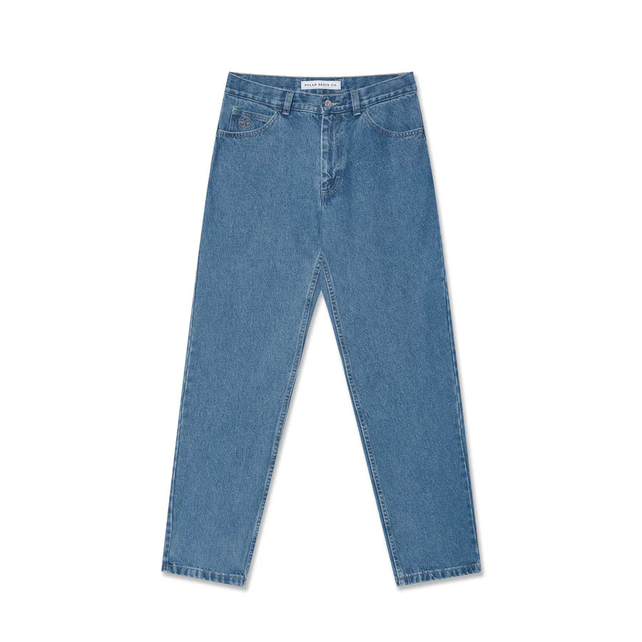 A pair of mid blue denim jeans with a front view, displaying a regular fit and classic design elements.