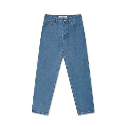 A pair of mid blue denim jeans with a front view, displaying a regular fit and classic design elements.