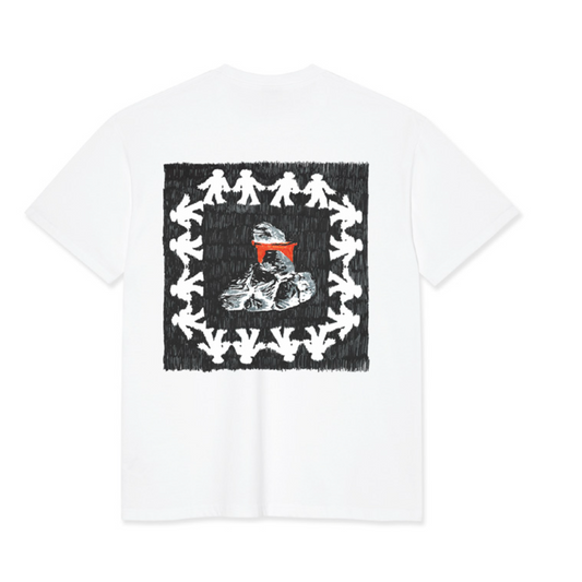 A white short-sleeve t-shirt with a large square graphic on the back. The graphic features a black textured background with a border of white stick-figure-like silhouettes, enclosing a central illustration of a white sneaker with a bright red visor.