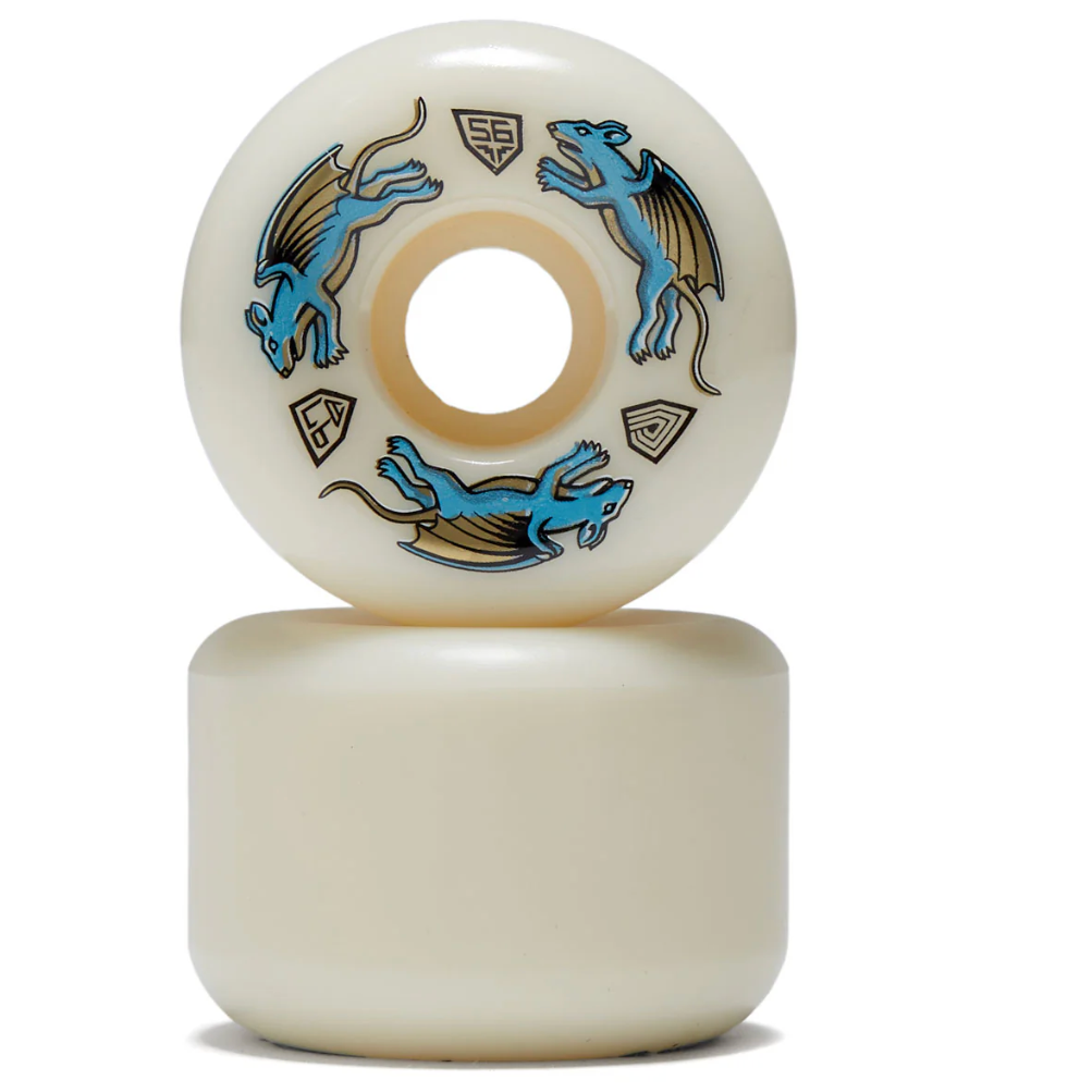 Two skateboard wheels with blue dragon designs on a white background