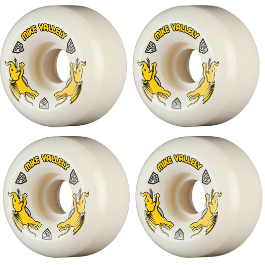 Four white skateboard wheels with yellow graphics and text on a white background