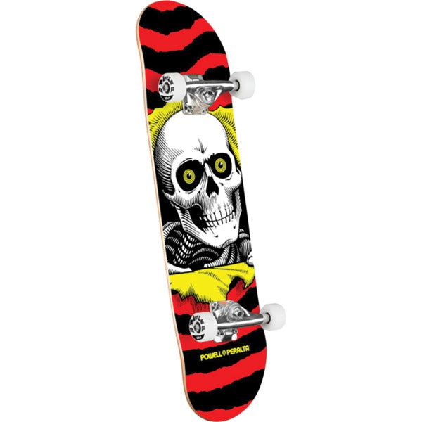Skateboard with a skull design on a red, black, and yellow striped background