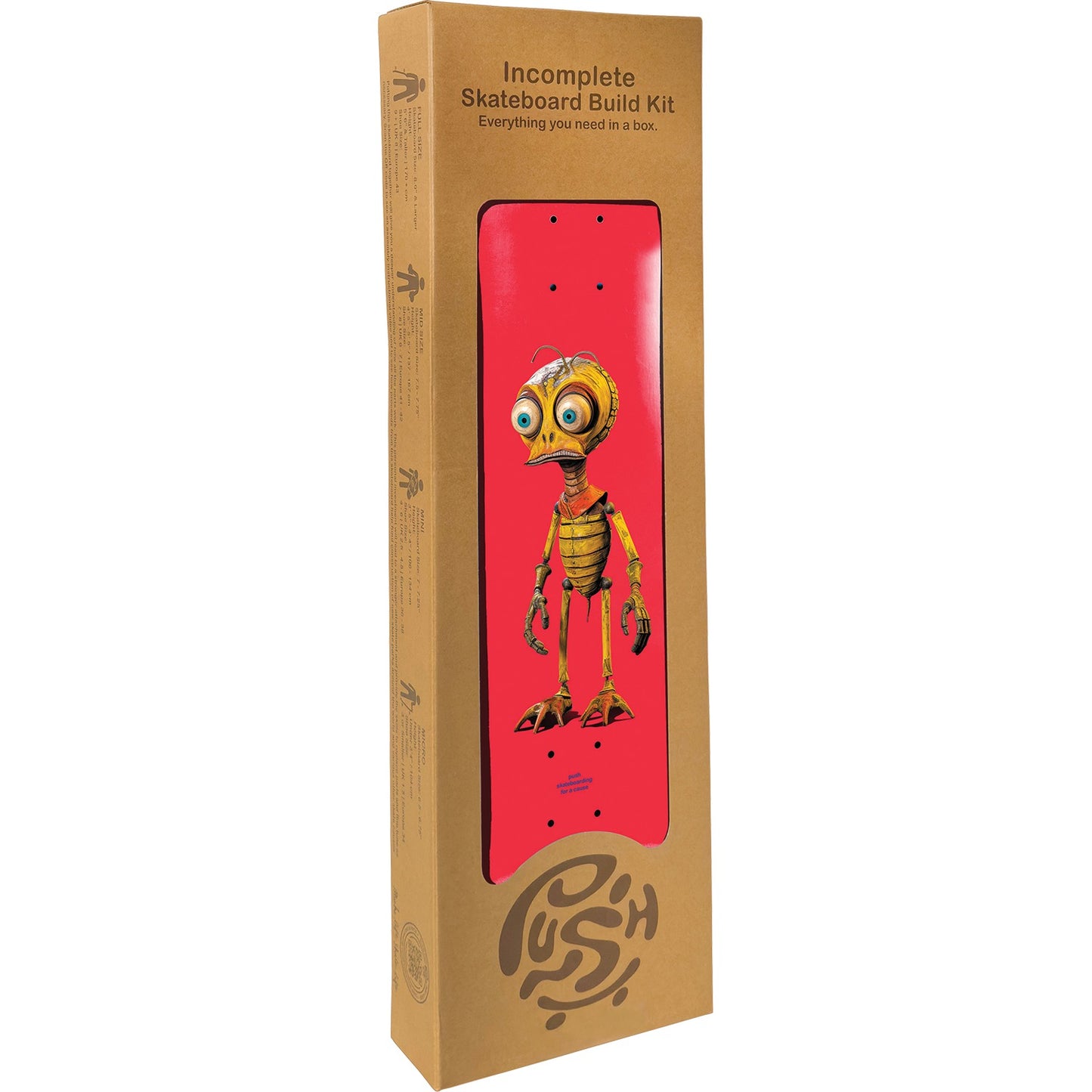 Incomplete skateboard build kit packaging with a cartoon character on a red background