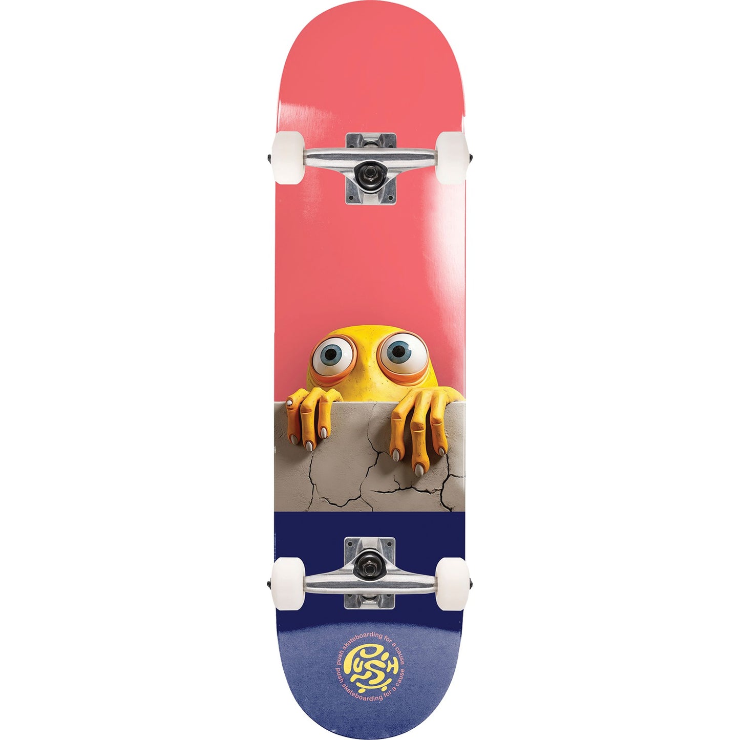 Skateboard with a cartoon character peering out from a hole on a red and blue background
