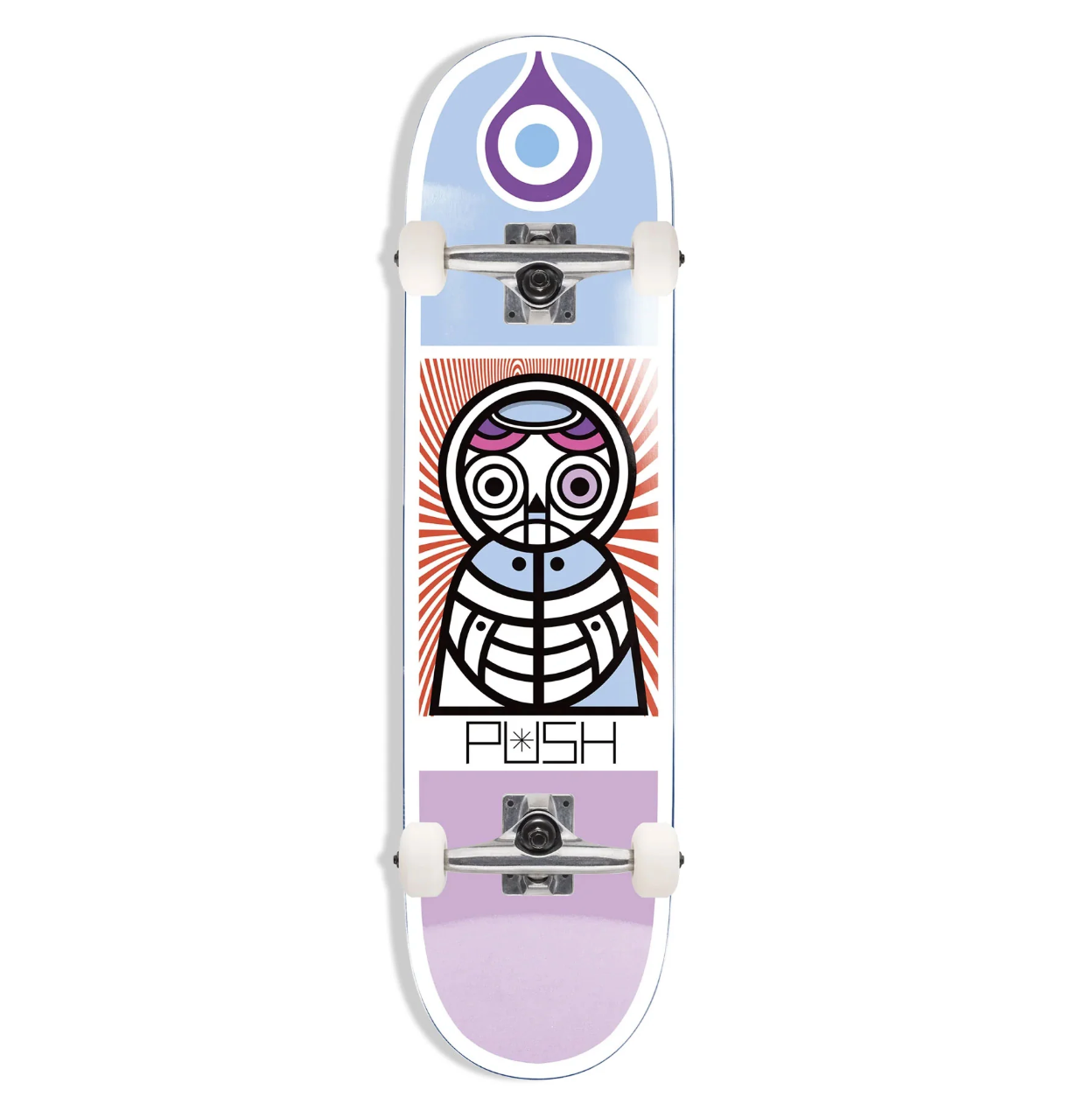 Skateboard with a design on the deck against a white background