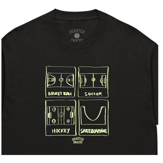 Black t-shirt with white graphic designs and text on a white background