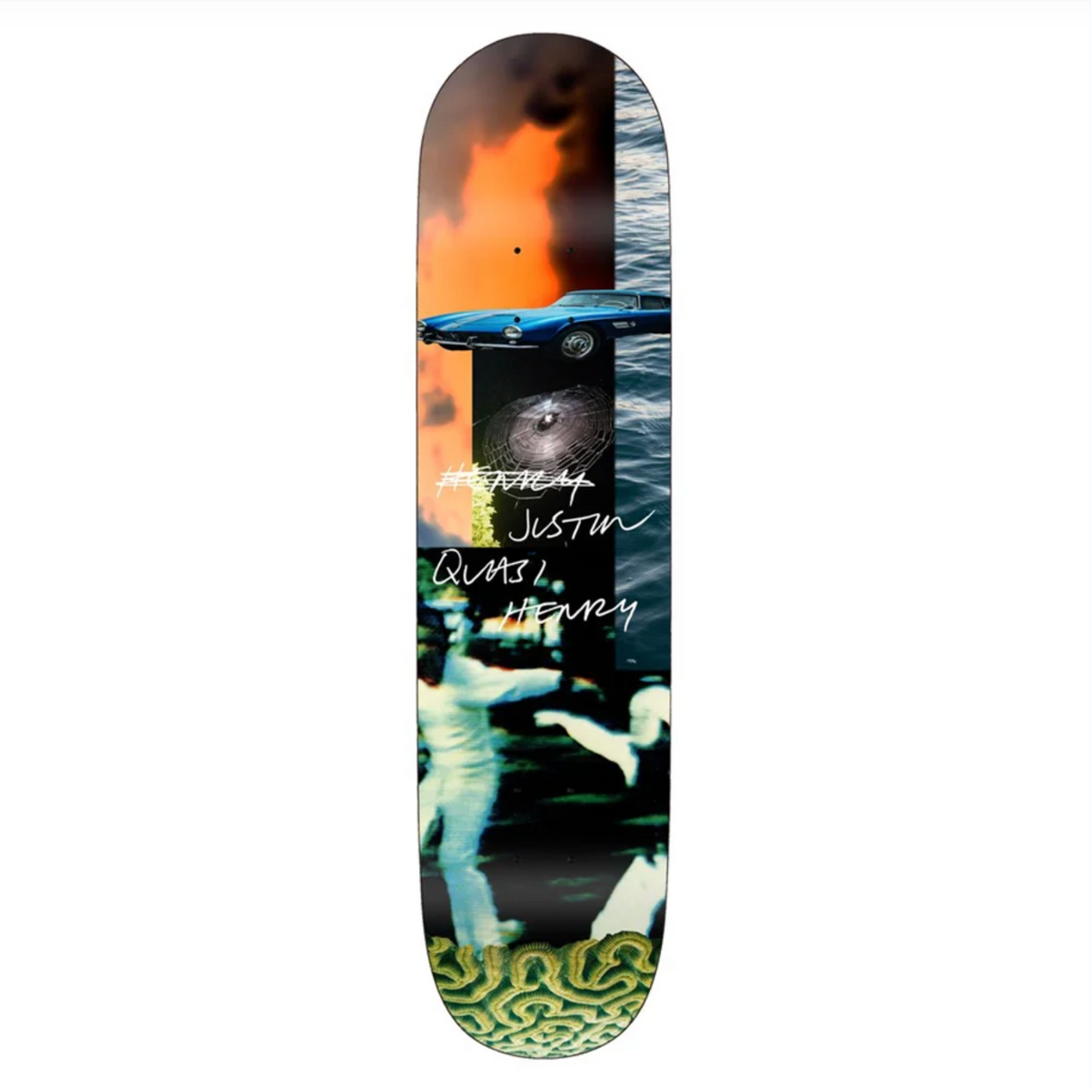 A skateboard deck featuring a complex collage-style graphic print with a blue car, a black-and-white portrait, orange sky, water, and stylized text reading 'How to be a Justin Bieber' and 'Quik E Henry' on a plain white background.