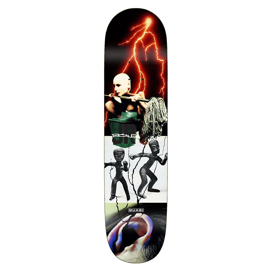 Skateboard deck with artistic design featuring a person playing a flute, lightning, and abstract elements on a white background.