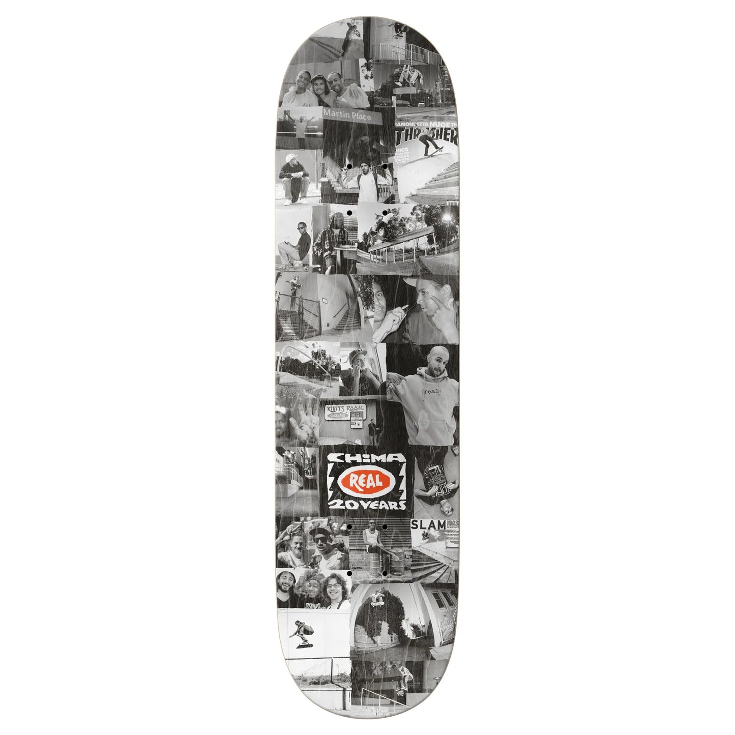 Skateboard deck with black and white collage design featuring various images and logos.