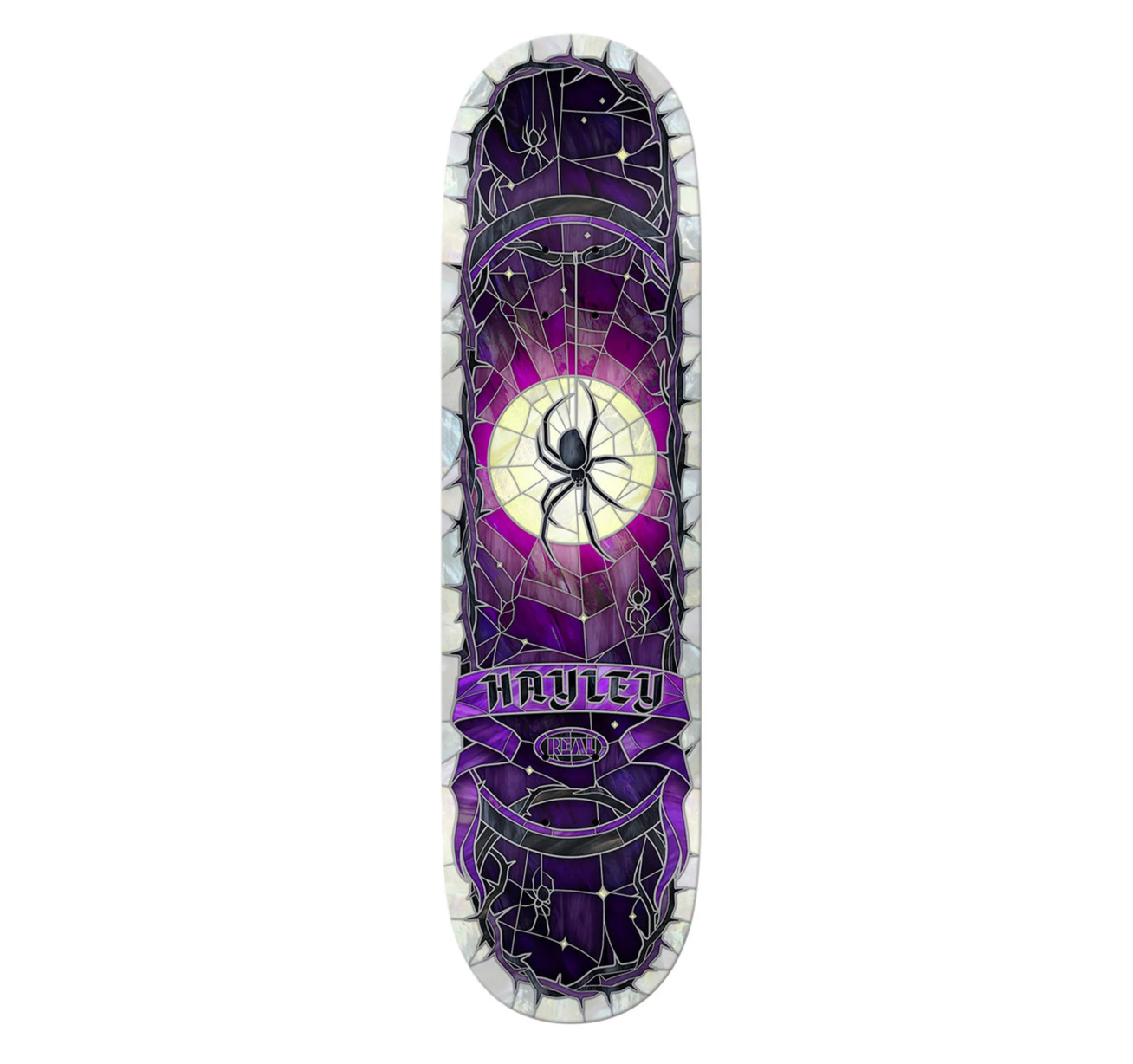 Purple and black spider web design skateboard deck on a white background