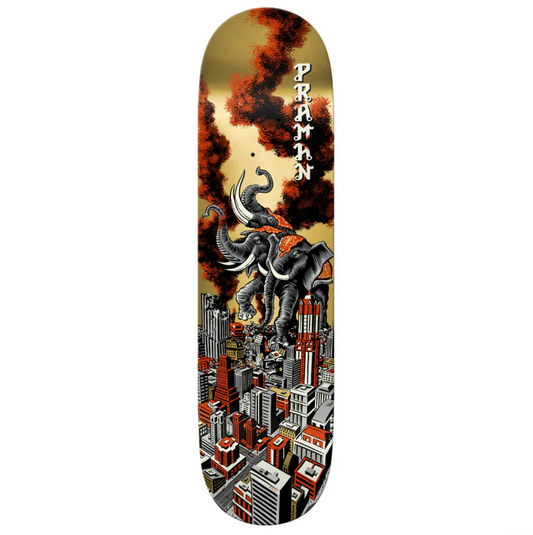 Skateboard deck with elephant and cityscape design, featuring the brand 'Praman'.