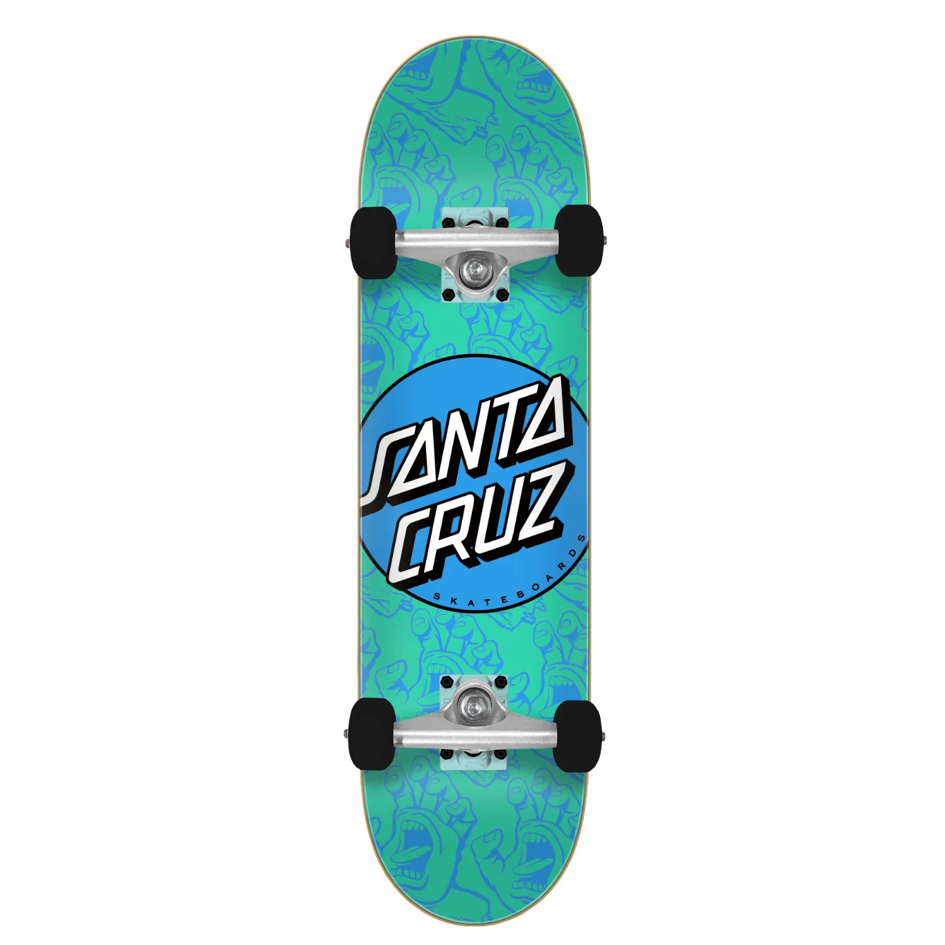 Skateboard with a blue and green pattern and Santa Cruz logo on a white background