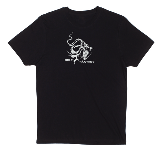 Black t-shirt with white dragon design and 'SCH Fantasy' text on a white background
