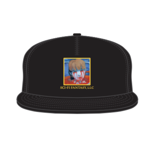 Black cap with a graphic design and text on a white background