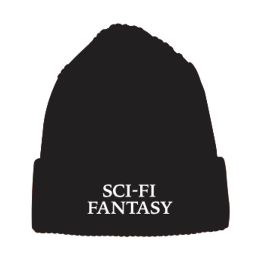 Black beanie with 'SCI-FI FANTASY' text on a white background