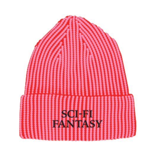 Red beanie with 'SCI-FI FANTASY' text on a white background