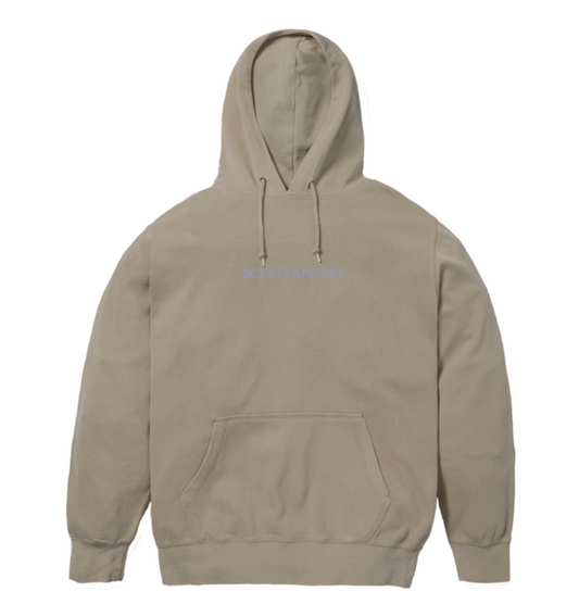 Beige hoodie with a brand logo on a white background