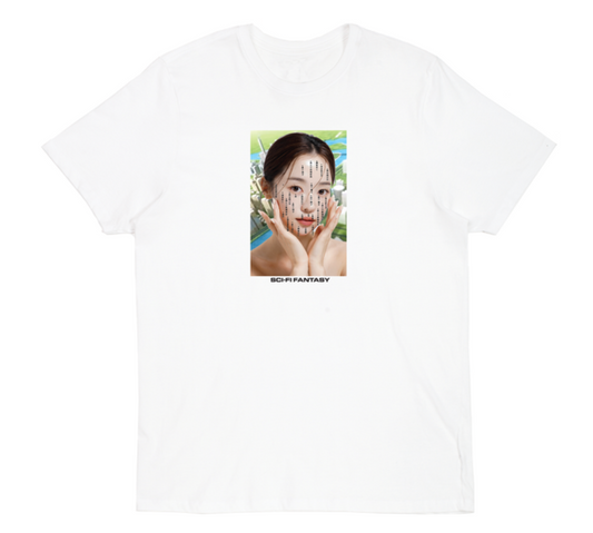White t-shirt with a graphic of a woman's face and text on a white background