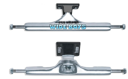 Skateboard truck assembly with 'Wide Boys' branding on a white background