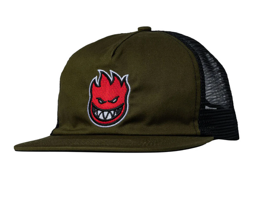 Green trucker cap with a red and white logo on a white background