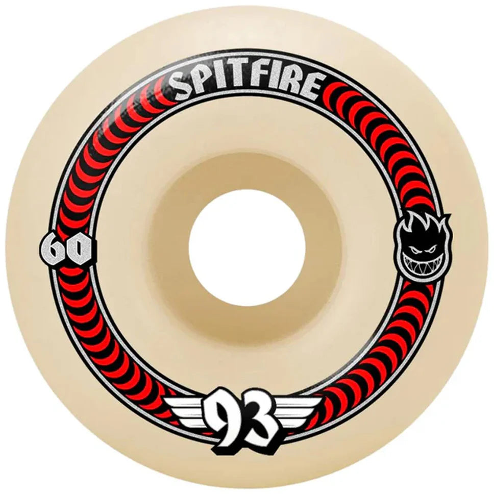 Spitfire skateboard wheel with red and black design on a beige background