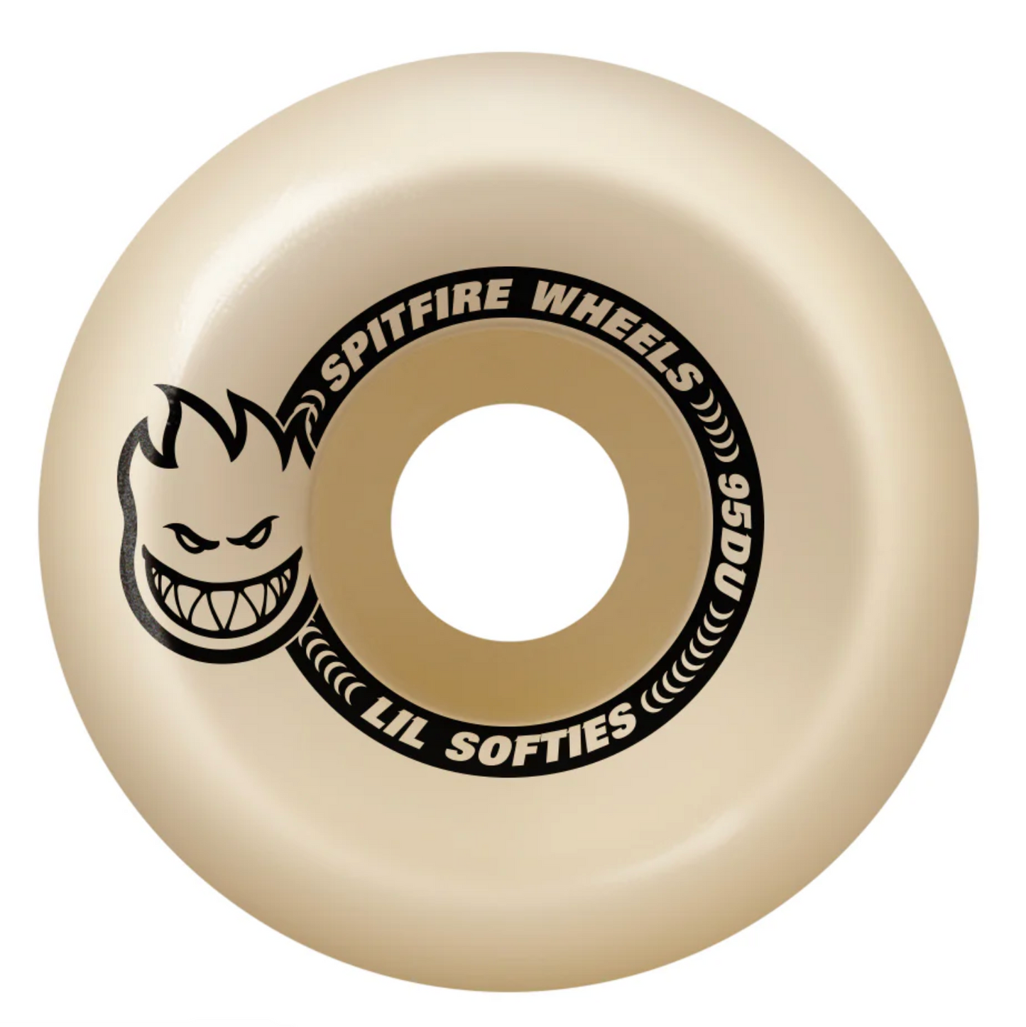 Beige Spitfire Wheels skateboard wheel with black text and logo on a white background