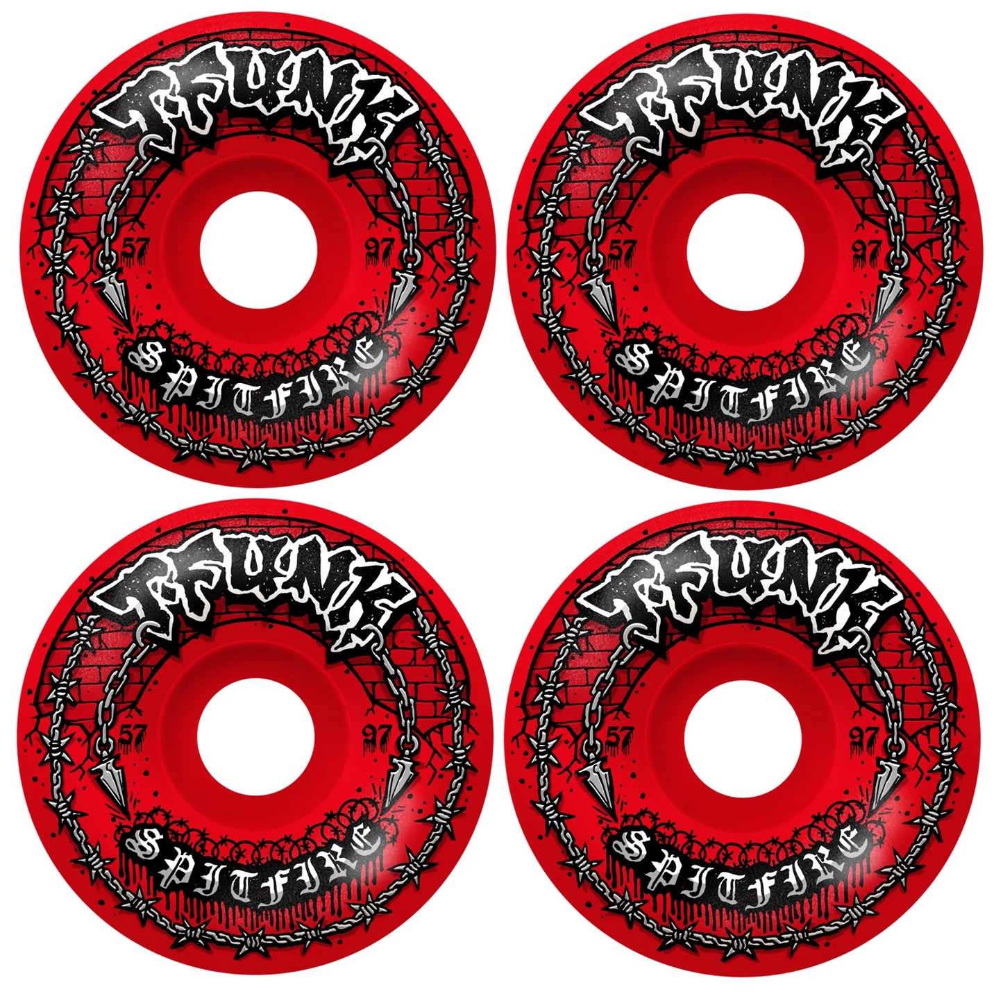 Four red Spitfire skateboard wheels with black text on a white background