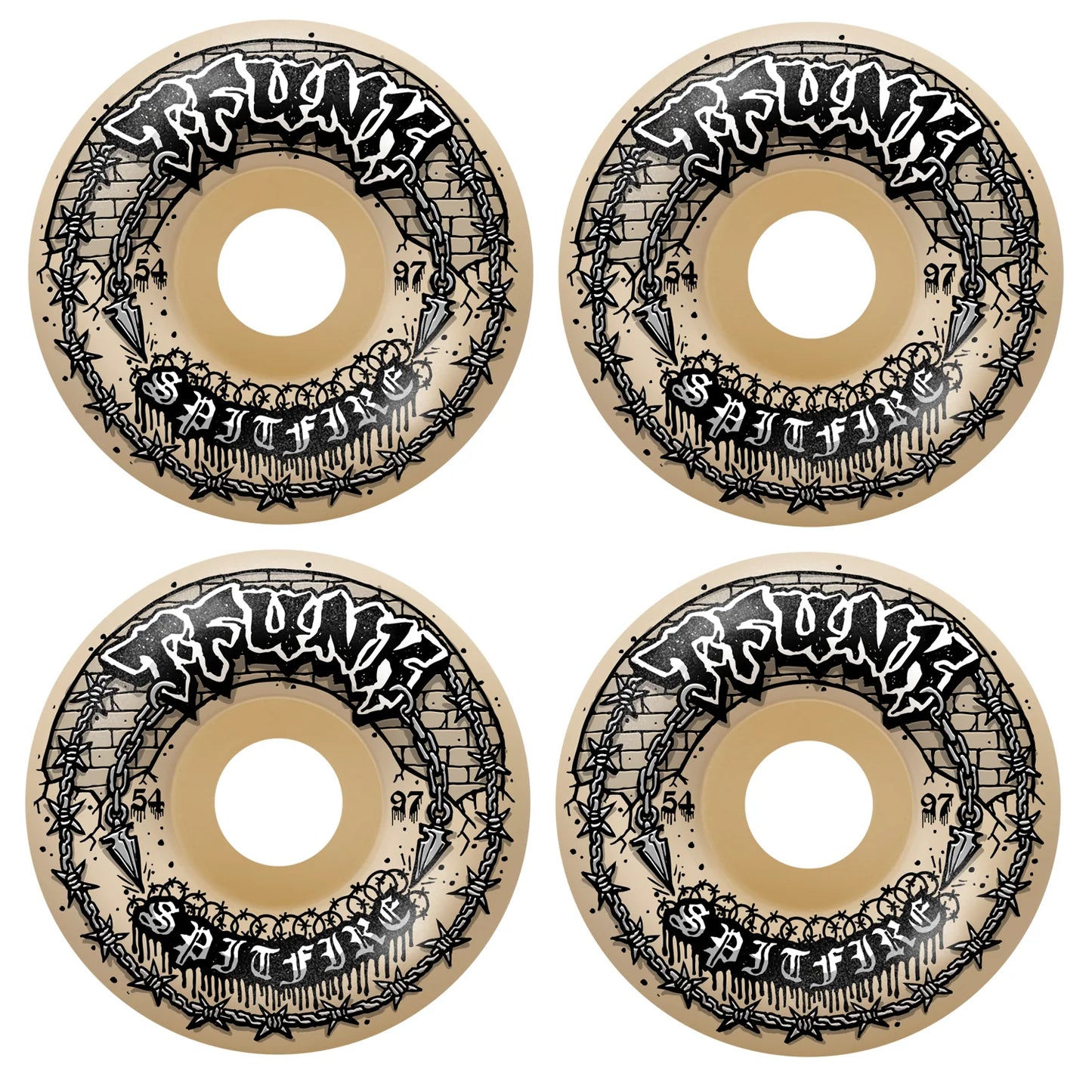 Four Spitfire skateboard wheels with intricate black designs on a beige background