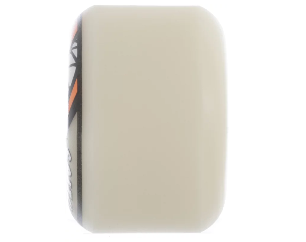 Skateboard wheel with beige rim and black center on a white background