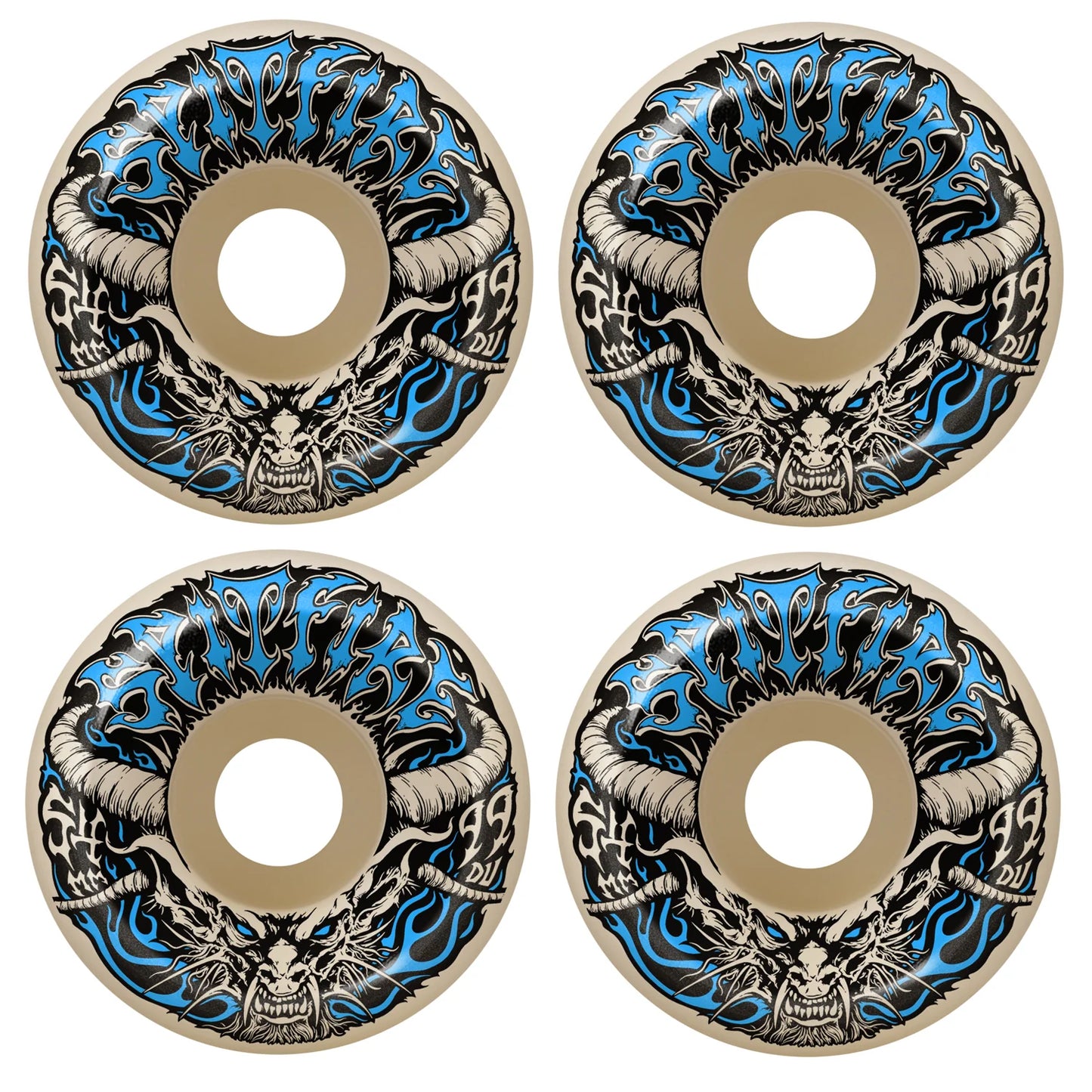 Four skateboard wheels with dragon design and blue flames on a white background